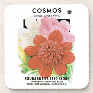 Vintage Seed Packet Art, Cosmos Garden Flowers Beverage Coaster