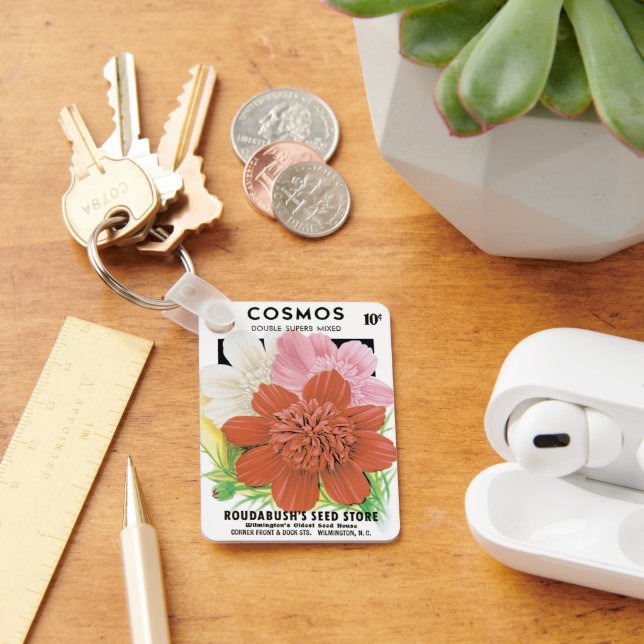 Vintage Seed Packet Art, Cosmos Garden Flowers Keychain (Desk)