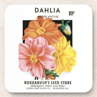 Vintage Seed Packet Art, Dahlia Garden Flowers Beverage Coaster