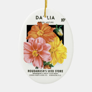 Vintage Seed Packet Art, Dahlia Garden Flowers Ceramic Ornament