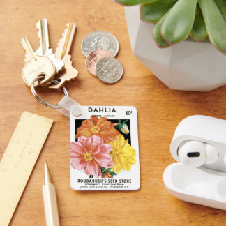 Vintage Seed Packet Art, Dahlia Garden Flowers Keychain