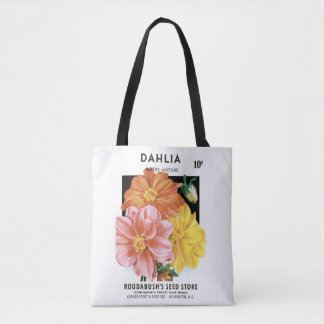 Vintage Seed Packet Art, Dahlia Garden Flowers Tote Bag