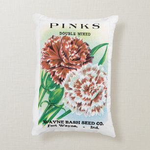 Vintage Seed Packet Art, Pinks Carnation Flowers Accent Pillow