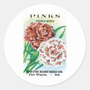 Vintage Seed Packet Art, Pinks Carnation Flowers Classic Round Sticker