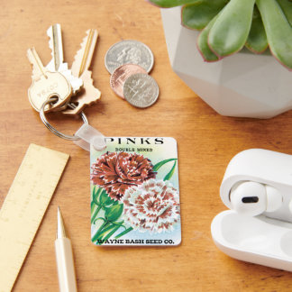 Vintage Seed Packet Art, Pinks Carnation Flowers Keychain