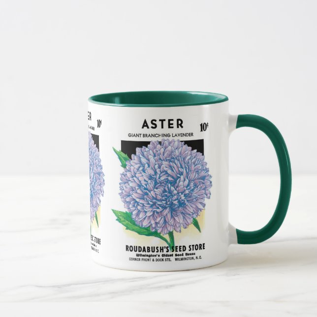 Vintage Seed Packet Art, Purple Aster Flowers Mug (Right)