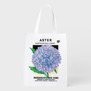 Vintage Seed Packet Art, Purple Aster Flowers Reusable Grocery Bag