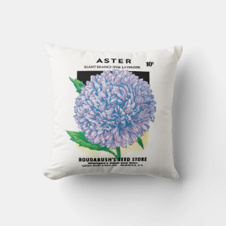 Vintage Seed Packet Art, Purple Aster Flowers Throw Pillow
