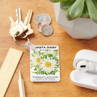 Vintage Seed Packet Art, Shasta Daisy Flowers Keychain