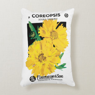 Vintage Seed Packet Art, Yellow Coreopsis Flowers Accent Pillow