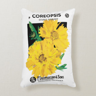 Vintage Seed Packet Art, Yellow Coreopsis Flowers Accent Pillow