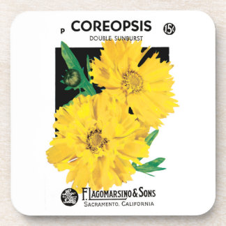 Vintage Seed Packet Art, Yellow Coreopsis Flowers Beverage Coaster