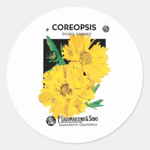 Vintage Seed Packet Art Yellow Coreopsis Flowers Classic Round Sticker