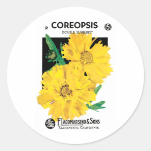 Vintage Seed Packet Art, Yellow Coreopsis Flowers Classic Round Sticker