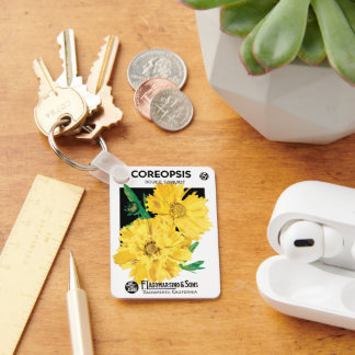 Vintage Seed Packet Art, Yellow Coreopsis Flowers Keychain