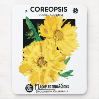 Vintage Seed Packet Art, Yellow Coreopsis Flowers Mouse Pad
