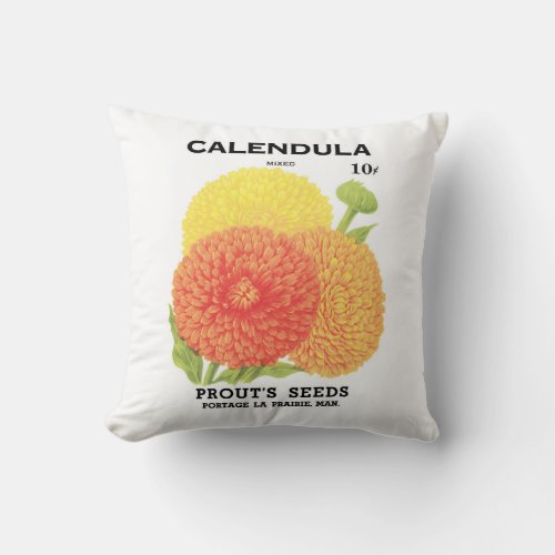 Vintage Seed Packet Label Art Calendula Flowers Throw Pillow