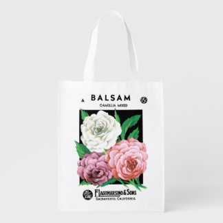 Vintage Seed Packet Label Art, Camellia Flowers Grocery Bag