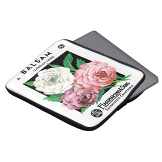 Vintage Seed Packet Label Art, Camellia Flowers Laptop Sleeve