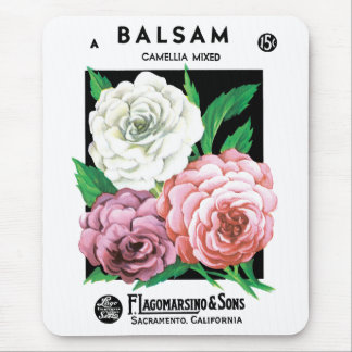 Vintage Seed Packet Label Art, Camellia Flowers Mouse Pad