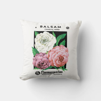 Vintage Seed Packet Label Art, Camellia Flowers Throw Pillow