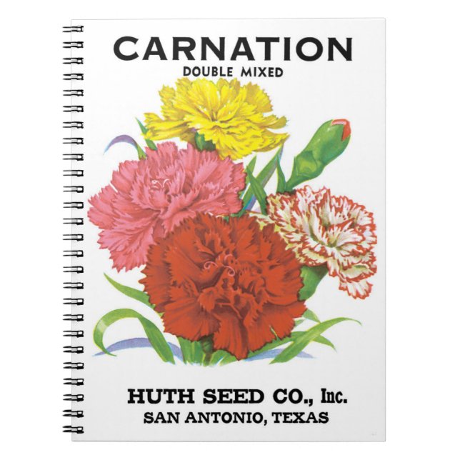 Vintage Seed Packet Label Art, Carnation Flowers Notebook (Front)