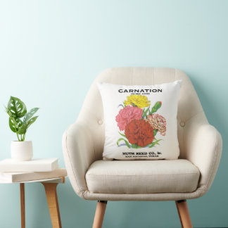 Vintage Seed Packet Label Art, Carnation Flowers Throw Pillow