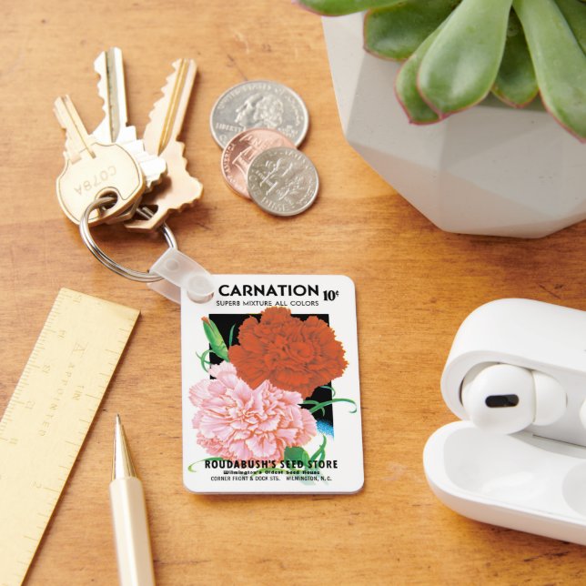 Vintage Seed Packet Label Art, Carnations Flowers Keychain (Desk)