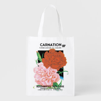 Vintage Seed Packet Label Art, Carnations Flowers Reusable Grocery Bag