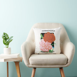 Vintage Seed Packet Label Art, Carnations Flowers Throw Pillow
