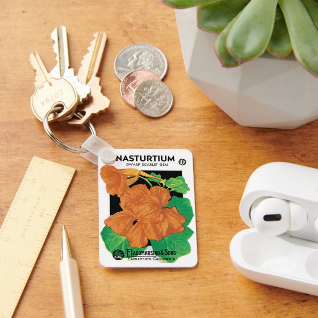 Vintage Seed Packet Label Art, Nasturtium Flowers Keychain (Desk)
