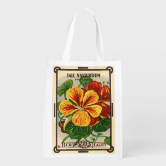 Vintage Seed Packet Label Art, Nasturtium Flowers Reusable Grocery Bag