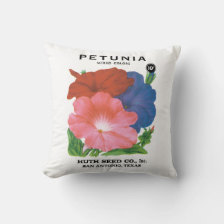Vintage Seed Packet Label Art, Petunia Flowers Throw Pillow