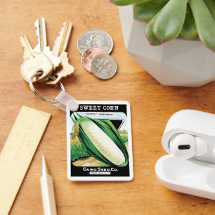 Vintage Seed Packet Label Art, Sweet White Corn Keychain