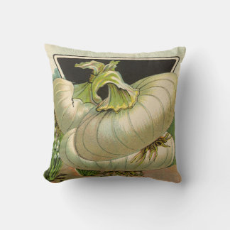 Vintage Seed Packet Label Art White Bermuda Onions Throw Pillow