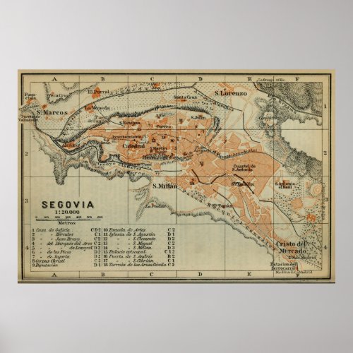 Vintage Segovia Spain Map 1913 Poster