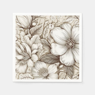 Vintage Sepia Botanical Floral Engraving Ivory Napkins