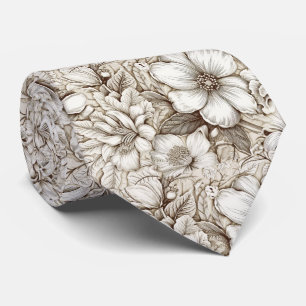 Vintage Sepia Botanical Floral Engraving Ivory Neck Tie