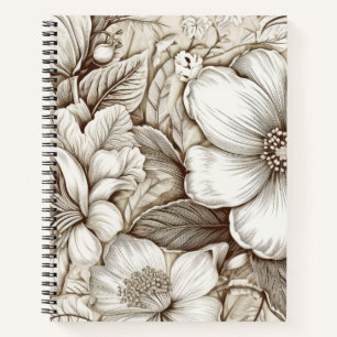Vintage Sepia Botanical Floral Engraving Ivory Notebook