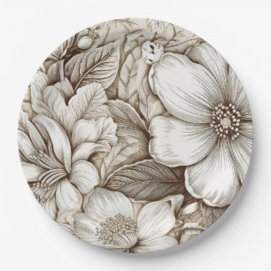 Vintage Sepia Botanical Floral Engraving Ivory Paper Plates