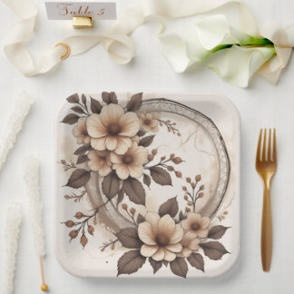 Vintage Sepia Botanical Floral Square Wedding Paper Plates