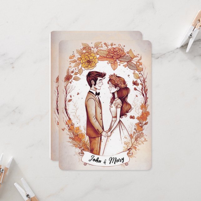 Vintage Sepia Bride and Groom Illustration Invitation (Front/Back In Situ)