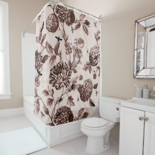Vintage Sepia Brown Botanical & Bugs Floral Toile Shower Curtain