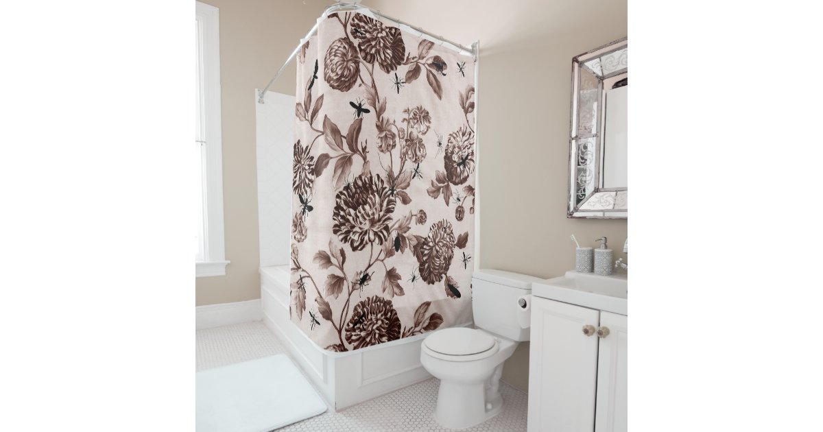 Vintage Sepia Brown Botanical Bugs Floral Toile Shower Curtain Zazzle Com