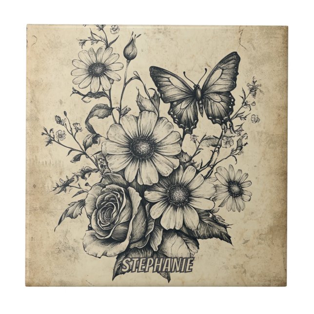 Vintage Sepia Butterfly Rose Daisy Bouquet Ceramic Tile (Front)