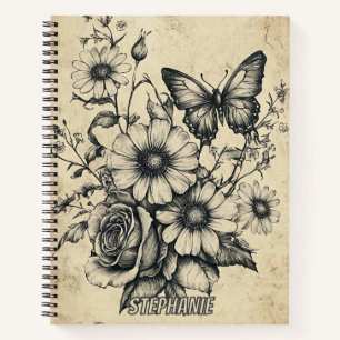 Vintage Sepia Butterfly Rose Daisy Bouquet Notebook