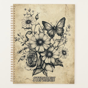 Vintage Sepia Butterfly Rose Daisy Bouquet Planner
