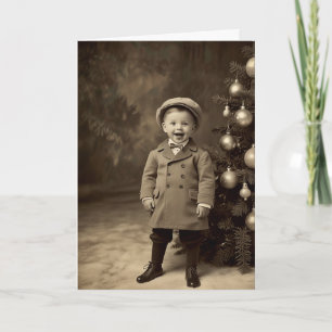 Vintage Sepia Christmas Card Retro Boy Tree