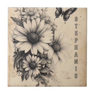 Vintage Sepia Daisy Butterfly Botanical Ceramic Tile