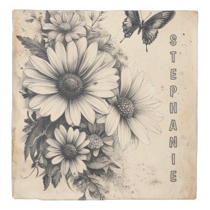 Vintage Sepia Daisy Butterfly Botanical Duvet Cover
